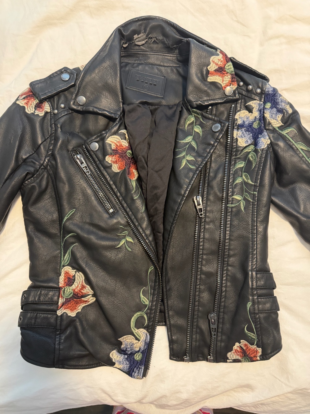 Blank NYC Black Floral Embroidered Leather Moto Jacket